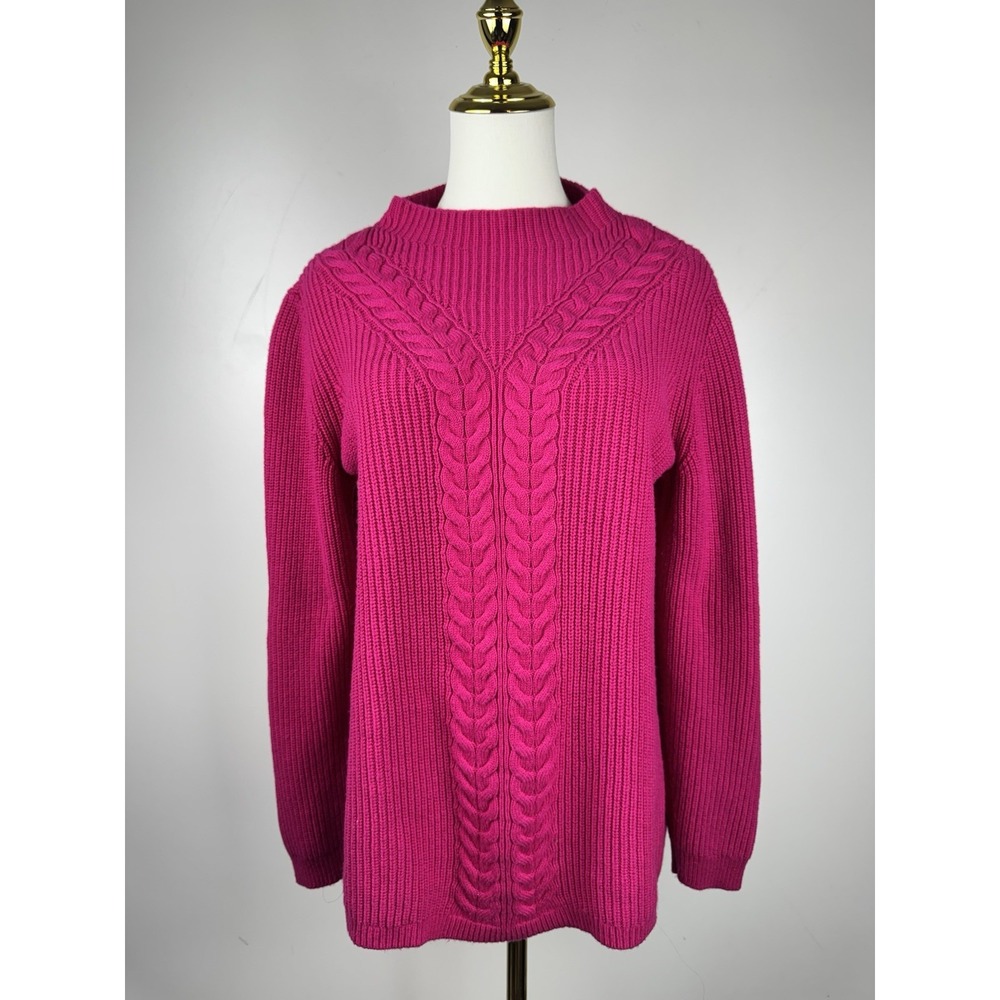 Talbots Size L Bright Hot Pink Magenta Center Cable Knit Mock Neck Sweater